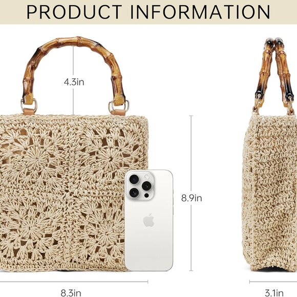 Beach Straw Bag For Women: Large Handbag Cute Purse With Bambo Top Handle For Su - Picture 2 of 7